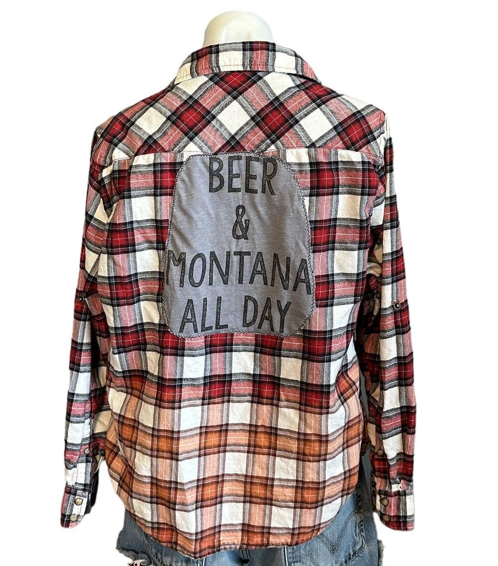 Beer & Montana All Day Flannel Plaid Shirt Shacket MEDIUM Oversize Unique Retro